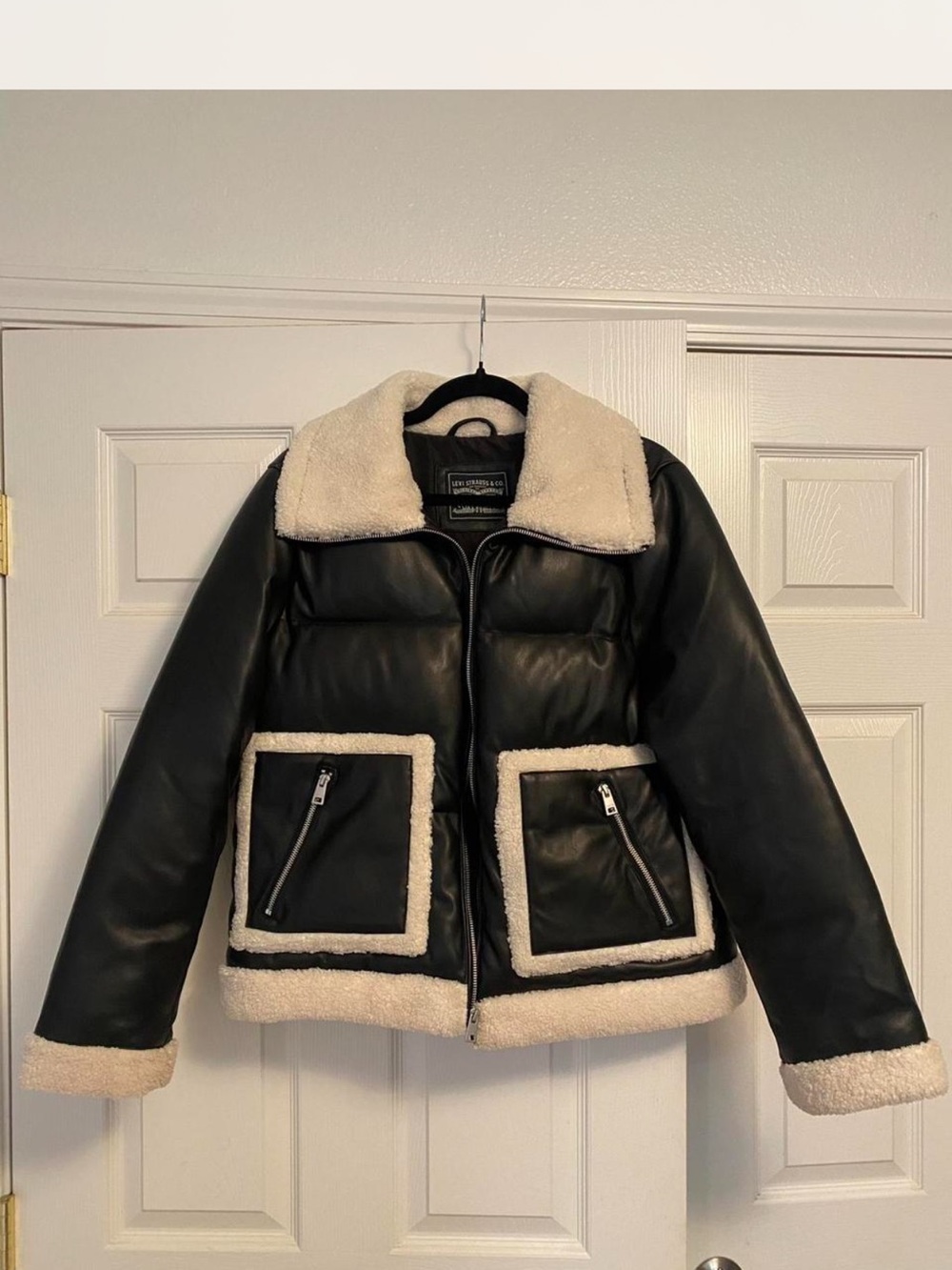 Levi's Black Faux Leather Puffer Jacket with Cream Sherpa Trim